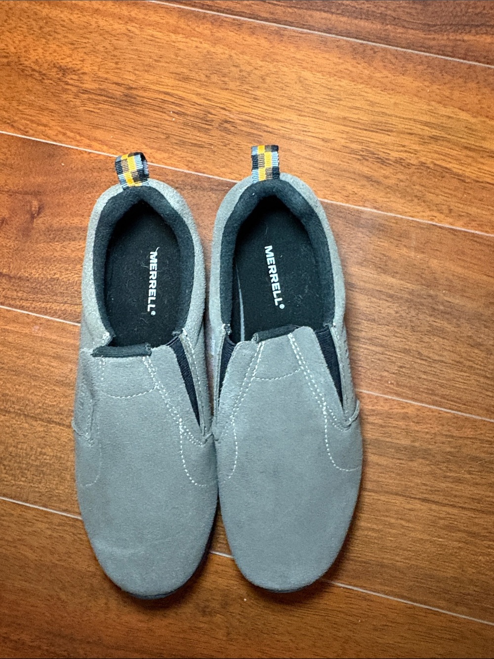 Merrell Men’s Gray Suede Slip-On Shoes with Yellow Heel Tabs